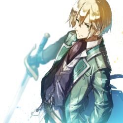 Rule 34 | 1boy, ascot, belt, black ascot, blonde hair, blurry, closed mouth, coat, depth of field, eiyuu densetsu, expressionless, falcom, from above, green coat, green eyes, grey vest, holding, holding sword, holding weapon, hwhh, jusis albarea, long sleeves, looking at viewer, male focus, sen no kiseki, sen no kiseki iii, shirt, simple background, solo, sword, upper body, vest, weapon, white background, white shirt