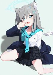 Rule 34 | 1girl, absurdres, animal ear fluff, animal ears, black jacket, black skirt, blazer, blue archive, blue eyes, blue halo, blue necktie, blue scarf, collarbone, collared shirt, cross hair ornament, extra ears, grey hair, hair ornament, halo, highres, jacket, long sleeves, looking at viewer, medium hair, mismatched pupils, necktie, open mouth, pleated skirt, scarf, shiroko (blue archive), shirt, skirt, socks, solo, wako (1194433260), white shirt, white socks, wolf ears