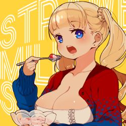 Rule 34 | 1girl, blonde hair, blue eyes, breasts, cleavage, food, fruit, ice cream, large breasts, long hair, looking at viewer, mota, open mouth, original, solo, spoon, strawberry, twintails
