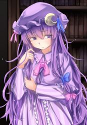 Rule 34 | 1girl, bad id, bad pixiv id, book, bookshelf, capelet, commentary request, crescent moon, double bun, dress, hair between eyes, hair bun, hair ribbon, hat, highres, long dress, long hair, looking to the side, mob cap, moon, nervous, oborofu, patchouli knowledge, purple eyes, purple hair, purple hat, purple theme, ribbon, solo, touhou, tress ribbon, twirling hair, very long hair