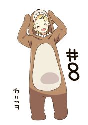Rule 34 | 1girl, :d, ^ ^, absurdres, animal costume, bear costume, blonde hair, blush, closed eyes, commentary request, episode number, facing viewer, hair ornament, hairclip, highres, hitoribocchi no marumaru seikatsu, katsuwo (cr66g), open mouth, simple background, smile, solo, sotoka rakita, split mouth, standing, white background