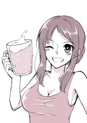 Rule 34 | 1girl, asazuki norito, beer mug, breasts, cleavage, cup, drinking glass, ears visible through hair, greyscale, grin, holding, holding cup, large breasts, lowres, monochrome, mug, one eye closed, original, sidelocks, smile, solo, tank top, upper body