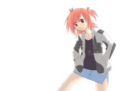Rule 34 | 00s, 1girl, collarbone, contrapposto, hands on own hips, jacket, long sleeves, looking at viewer, mahou sensei negima!, open clothes, open jacket, red eyes, red hair, ribbon, sasaki makie, shirt, simple background, skirt, solo, standing, t-shirt, white background