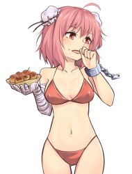 Rule 34 | 1girl, ahoge, bandaged arm, bandages, bare arms, bare shoulders, bikini, blush, breasts, bun cover, chain, clenched hand, collarbone, commentary request, cowboy shot, cuffs, dango, double bun, food, hair between eyes, hair bun, hands up, highleg, highleg bikini, highres, holding, holding food, ibaraki kasen, medium breasts, mitarashi dango, miyo (ranthath), navel, open mouth, pink eyes, pink hair, red bikini, shackles, shiny skin, short hair, simple background, smile, solo, standing, stomach, swimsuit, thighs, touhou, wagashi, white background