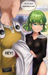 Rule 34 | 1boy, 1girl, absurdres, black dress, breasts, cape, dress, green hair, highres, looking to the side, one-punch man, rkrk12, saitama (one-punch man), short hair, small breasts, tatsumaki, thighs