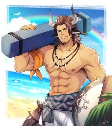 Rule 34 | 1boy, abs, animal ears, arknights, bara, bare pectorals, beach, brown eyes, brown hair, bulge, carrying over shoulder, cow boy, cow ears, cow horns, dark-skinned male, dark skin, earrings, facial hair, goatee, highres, horns, jewelry, large pectorals, looking at viewer, male focus, male swimwear, matterhorn (arknights), matterhorn (beach guard) (arknights), mature male, medium hair, muscular, muscular male, navel, necklace, nipples, official alternate costume, pectorals, smile, solo, stomach, stubble, swim trunks, tooth necklace, white male swimwear, zifu