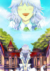 Rule 34 | 1girl, :d, ^ ^, bad id, bad pixiv id, blue dress, blue sky, blush, closed eyes, collared shirt, comic, day, dress, female focus, from behind, house, izayoi sakuya, lantern, maid, open mouth, outdoors, puffy short sleeves, puffy sleeves, shirt, short sleeves, silent comic, silver hair, sky, smile, solo, touhou, tree, yagimiwa