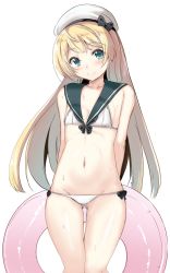 Rule 34 | 1girl, adapted costume, arms behind back, bikini, black sailor collar, blonde hair, blue eyes, blush, closed mouth, collarbone, feet out of frame, gin&#039;ichi (akacia), groin, hat, innertube, jervis (kancolle), kantai collection, long hair, navel, one-hour drawing challenge, sailor bikini, sailor collar, sailor hat, simple background, smile, solo, swim ring, swimsuit, white background, white bikini, white hat