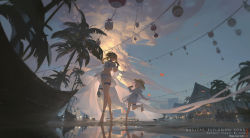 Rule 34 | 2girls, alternate costume, barefoot, beach, bikini, blonde hair, blue bikini, blue eyes, boat, bow, building, choker, cloud, cloudy sky, clover print, coconut tree, commentary request, contemporary, cowboy hat, dodoco (genshin impact), full body, genshin impact, hair bow, hair ribbon, hat, hat feather, hat ornament, highres, holding, jean (genshin impact), jean (sea breeze dandelion) (genshin impact), jumpy dumpty, klee (genshin impact), lampion, light brown hair, long hair, looking at another, low twintails, microphone, midriff, multiple girls, music, navel, night, night sky, orange eyes, palm tree, pointy ears, ponytail, ribbon, shade, sidelocks, singing, size difference, sky, standing, standing on one leg, swimsuit, tree, twintails, void 0, watercraft