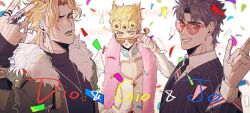Rule 34 | 3boys, blonde hair, blue eyes, blue hair, braid, character name, coat, commentary, confetti, dio brando, family, fangs, father and son, feather boa, formal, fur trim, giorno giovanna, green eyes, green lips, grin, hako iix07, heart, heart-shaped eyewear, jacket, jewelry, jojo no kimyou na bouken, jonathan joestar, lips, long hair, long sleeves, looking at viewer, male focus, multiple boys, necklace, party, phantom blood, red eyes, ring, shirt, short hair, smile, stardust crusaders, sunglasses, symbol-only commentary, teeth, vento aureo, white jacket, white shirt, yellow nails