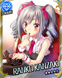 Rule 34 | 10s, 1girl, blush, bow, cake, card (medium), character name, chocolate, chocolate cake, dress, drill hair, finger in own mouth, food, food on face, gem (symbol), grey hair, hair bow, idolmaster, idolmaster cinderella girls, kanzaki ranko, long hair, piromizu, red eyes, sleeveless, solo, twin drills, twintails