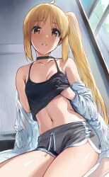Rule 34 | 1girl, ahoge, bare shoulders, black shirt, blonde hair, bocchi the rock!, breasts, cleavage, clothes lift, collarbone, dolphin shorts, grey shorts, hand under clothes, hews, highres, ijichi nijika, long hair, long sleeves, looking at viewer, navel, open mouth, parted lips, see-through, shirt, shirt lift, shorts, side ponytail, sidelocks, sitting, sketch, small breasts, smile, solo, stomach, sweatdrop, thighs