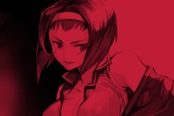Rule 34 | 1girl, bare shoulders, breasts, cowboy bebop, faye valentine, female focus, gradient background, hairband, hungry clicker, large breasts, monochrome, off shoulder, red theme, short hair, smile, solo, upper body