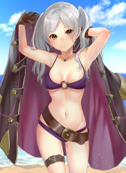 Rule 34 | 1girl, armpits, arms up, belt, belt buckle, bikini, black coat, blue sky, blush, breasts, brown eyes, brown gloves, buckle, cleavage, closed mouth, cloud, coat, collarbone, cowboy shot, day, fire emblem, fire emblem awakening, fire emblem heroes, gloves, haru (nakajou-28), highres, jewelry, lens flare, long hair, looking at viewer, medium breasts, navel, necklace, nintendo, o-ring, o-ring bikini, o-ring top, open clothes, open coat, outdoors, parted bangs, purple bikini, robin (female) (fire emblem), robin (fire emblem), silver hair, sky, smile, solo, stomach, swimsuit, thigh strap, twintails, underboob, undressing