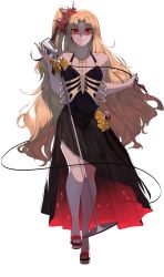Rule 34 | 1girl, absurdres, bare shoulders, black dress, black nails, blonde hair, bone, cable, dress, earrings, ereshkigal (fate), fate/grand order, fate (series), flower, hair ornament, highres, jewelry, legs, long hair, microphone, nail polish, ponytail, red eyes, red flower, red footwear, shaded face, side ponytail, skull, smile, toenail polish, toenails, transparent background, wavy hair, wiltedattention, yellow flower