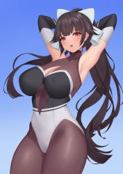 Rule 34 | 1girl, absurdres, armpits, arms behind head, azur lane, black hair, black pantyhose, blunt bangs, bodystocking, bow, breasts, brown eyes, cleavage cutout, clothing cutout, cowboy shot, elbow gloves, gloves, hair flaps, highres, large breasts, long hair, looking at viewer, multicolored leotard, official alternate costume, pantyhose, pinkcap, ponytail, presenting armpit, race queen, ribbon, solo, takao (azur lane), takao (full throttle charmer) (azur lane), two-tone leotard, white bow, white ribbon