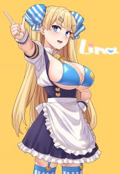 Rule 34 | 1girl, apron, arm up, bikini, bikini top only, blonde hair, blue bikini, blue bra, blue eyes, blue thighhighs, blunt bangs, bow, bra, breasts, character name, cleavage, commentary, cowboy shot, garter straps, hair bow, heart, highres, large breasts, lina (michihasu), long hair, looking at viewer, michihasu, open clothes, open mouth, open shirt, original, pointing, puffy short sleeves, puffy sleeves, purple eyes, short sleeves, simple background, skindentation, solo, string bikini, striped clothes, striped thighhighs, swimsuit, thighhighs, thighs, two side up, underwear, waist apron, yellow background, zettai ryouiki