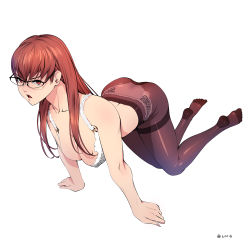 Rule 34 | 1girl, 2016, alien1452, all fours, angry, ass, black pantyhose, bra, breasts, brown eyes, brown hair, dated, full body, glasses, highres, large breasts, lingerie, long hair, open mouth, original, panties, panties under pantyhose, pantyhose, simple background, solo, thighband pantyhose, underwear, white background, white bra, white panties