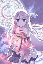 Rule 34 | 1girl, bare shoulders, black skirt, breasts, cape, collarbone, commentary request, cowboy shot, fate/kaleid liner prisma illya, fate (series), floating hair, flower, hair flower, hair ornament, illyasviel von einzbern, long hair, looking at viewer, official art, photoshop (medium), prisma illya, red eyes, skirt, small breasts, solo, standing, tagme, textless version, white flower, white hair