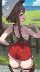 Rule 34 | 1girl, ass, ass focus, atelier (series), atelier ryza, atelier ryza 3, braid, breasts, brown eyes, brown hair, gloves, hair ornament, hat, highres, hood (james x), huge ass, jewelry, looking at viewer, looking back, medium breasts, red shorts, reisalin stout, shirt, short hair, short shorts, shorts, single glove, skindentation, smile, solo, thick thighs, thighhighs, thighs, white hat
