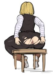 Rule 34 | 1girl, android 18, anus, ass, ass focus, ass grab, back, blonde hair, boots, cameltoe, dragon ball, dragonball z, faceless, faceless female, highres, leggings, nikuatsu magician shinbo, solo, torn clothes, white background