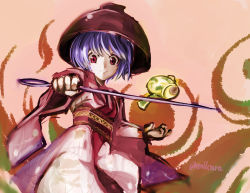 Rule 34 | 1girl, artist name, bowl, bowl hat, faux traditional media, hat, japanese clothes, kimono, looking at viewer, miracle mallet, mr.milk caramel, needle, obi, oil painting (medium), painting (medium), purple hair, red eyes, sash, serious, solo, sukuna shinmyoumaru, sword, touhou, traditional media, twitter username, weapon