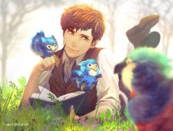 Rule 34 | 1boy, artist name, bird, book, brown hair, diricawl, fantastic beasts and where to find them, freckles, grass, green eyes, harry potter (series), jippei, leaf, male focus, nature, newt scamander, pencil, solo, tree, waistcoat, wizarding world