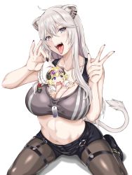 Rule 34 | 2girls, ahoge, animal ears, bare shoulders, black bra, black nails, black pantyhose, black shorts, blonde hair, blush, bra, breasts, cleavage, collarbone, dog tags, ear piercing, grey eyes, grey hair, hair between eyes, head tilt, highres, hololive, horns, large breasts, lion ears, lion girl, lion tail, long hair, looking at another, looking at viewer, multiple girls, nail polish, navel, official alternate costume, open mouth, orendji, pantyhose, piercing, sheep girl, sheep horns, shishiro botan, shishiro botan (button-down), shorts, sidelocks, simple background, sitting, solo focus, sports bra, tail, tongue, tongue out, tsunomaki watame, underwear, very long hair, virtual youtuber, w, white background