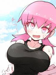 Rule 34 | 1girl, black tank top, blue sky, blush, breasts, cloud, creatures (company), day, game freak, highres, kurachi mizuki, large breasts, nintendo, open mouth, pink hair, pokemon, pokemon hgss, short twintails, sky, smile, solo, sweat, tank top, twintails, undressing, upper body, whitney (pokemon)