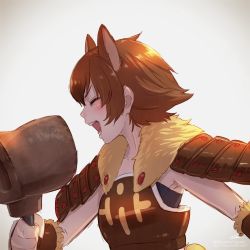 Rule 34 | 10s, 1girl, animal ears, armor, boar ears, brown hair, collarbone, commentary request, extra ears, closed eyes, fur trim, gauntlets, hammer, highres, japanese boar (kemono friends), kemono friends, open mouth, profile, short hair, sleeveless, solo, takami masahiro, upper body