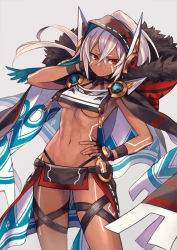 Rule 34 | 1girl, arm up, armpits, azur lane, black cape, black gloves, bodypaint, breasts, cape, collarbone, commentary request, contrapposto, cowboy shot, crop top, crop top overhang, crossed bangs, dark-skinned female, dark skin, facial mark, fingerless gloves, fur trim, gloves, grey background, hair between eyes, hair ornament, halterneck, hand on own hip, hand on own head, highres, hood, medium breasts, midriff, minneapolis (azur lane), native american, navel, open clothes, ponytail, red eyes, revealing clothes, sideboob, simple background, solo, standing, tattoo, thigh strap, thong, underboob, white hair, yuko (uc yuk)