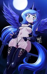 Rule 34 | animal ears, bikini, blue eyes, blue hair, boots, breasts, danmakuman, highres, horns, luna (my little pony), micro bikini, midriff, moon, my little pony, my little pony: friendship is magic, navel, night, personification, single horn, small breasts, swimsuit, tail, thigh boots, wings