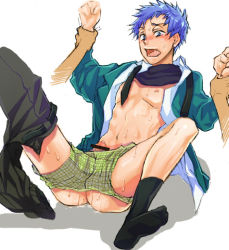 Rule 34 | 1boy, aftersex, ass, blue hair, briefs, censored, cum, cum in ass, cumdrip, forced, group sex, male focus, male underwear, multiple boys, penis, restrained, shadow, simple background, socks, sweat, tagme, underwear, white background, yaoi