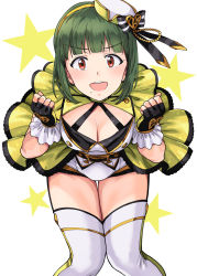 Rule 34 | 1girl, :d, bent over, black gloves, blunt bangs, blush, bow, breasts, cleavage, fingerless gloves, gloves, gold trim, green hair, hair bow, highres, idolmaster, idolmaster (classic), large breasts, looking at viewer, mole, mole under mouth, open mouth, otonashi kotori, overskirt, red eyes, short hair, short shorts, shorts, smile, solo, standing, star (symbol), starry background, thighhighs, top! clover, tsurui, white background, white shorts, white thighhighs, yellow bow, zettai ryouiki