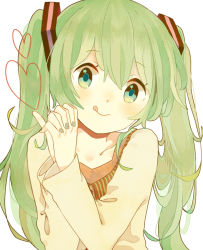 Rule 34 | 1girl, :q, face, green eyes, green hair, hatokko, hatsune miku, head tilt, heart, matching hair/eyes, own hands clasped, own hands together, simple background, solo, tongue, tongue out, twintails, vocaloid, white background