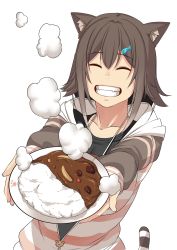 Rule 34 | 1girl, absurdres, animal ear fluff, animal ears, black shirt, brown hair, cat ears, cat tail, closed eyes, curry, curry rice, fish hair ornament, food, fumino tamaki, hair ornament, highres, hood, hoodie, natureman007, nijisanji, plate, rice, shirt, short hair, simple background, smile, solo, striped clothes, striped hoodie, tail, virtual youtuber, white background