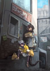 Rule 34 | 2girls, absurdres, arknights, asbestos (arknights), bag, black collar, box, brown hair, buchi0122, building, cardboard box, chain-link fence, collar, day, eyepatch, fang, fence, gloves, grey hair, hat, headphones, highres, holding, holding box, infection monitor (arknights), jacket, magallan (arknights), mask, mask around neck, medium hair, multicolored hair, multiple girls, open mouth, outdoors, pants, purple hair, purple pants, rhine lab logo, single glove, sitting, snake tail, spread legs, stairs, standing, streaked hair, tail, teeth, translation request, upper teeth only, white gloves, white headwear, yellow eyes, yellow jacket