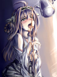 Rule 34 | 10s, 1girl, ahoge, blue eyes, blush, brown hair, detached sleeves, headgear, ishii hisao, kantai collection, kongou (kancolle), long hair, nontraditional miko, open mouth, pouring, sexually suggestive, solo, teapot, tongue, tongue out