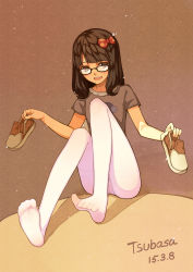 Rule 34 | 1girl, bow, breasts, brown eyes, brown hair, feet, glasses, hair bow, highres, holding, holding shoes, no pants, no shoes, original, pantyhose, shirt, shoes, unworn shoes, sitting, small breasts, soles, solo, toes, tsubasa tsubasa, tsubasa tsubasa&#039;s glasses girl, white pantyhose