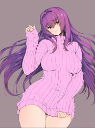 Rule 34 | 1girl, 3yuki, breasts, commentary request, covered navel, fate/grand order, fate (series), grey background, hair intakes, large breasts, long hair, long sleeves, looking at viewer, purple hair, purple sweater, red eyes, ribbed sweater, scathach (fate), simple background, smile, solo, sweater, thighs, turtleneck, turtleneck sweater, unfinished