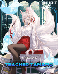 Rule 34 | 1girl, animal ears, bell, bell earrings, black pantyhose, blouse, blue eyes, book, commentary, earrings, english commentary, fox, fox ears, fox girl, fox tail, grimlight, jewelry, kitsune, kyuubi, large tail, long hair, looking at viewer, marking on cheek, multiple tails, official art, pantyhose, pencil skirt, red footwear, red skirt, semi-rimless eyewear, shirt, skirt, smile, solo, tail, tamamo no mae (grimlight), teacher, white hair, white shirt, white tail