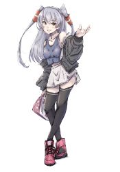 Rule 34 | 1girl, :d, alternate costume, amatsukaze (kancolle), bag, bare shoulders, black jacket, black thighhighs, breasts, brown eyes, full body, grey hair, grey tank top, hair between eyes, hair tubes, hand up, handbag, highres, holding, holding bag, jacket, kantai collection, ld (luna dial398), long hair, looking at viewer, midriff, off shoulder, open clothes, open jacket, open mouth, pink footwear, skirt, small breasts, smile, solo, tank top, thighhighs, two side up, white background, white skirt