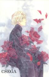 Rule 34 | 1girl, black coat, blonde hair, coat, copyright notice, english text, expressionless, feet out of frame, flower, from side, fuzzy clothes, gloves, green eyes, holding, holding flower, looking ahead, looking up, maria tachibana, matsubara hidenori, official art, petals, red flower, red gloves, red rose, rose, sakura taisen, sega, short hair, simple background, sitting, traditional media