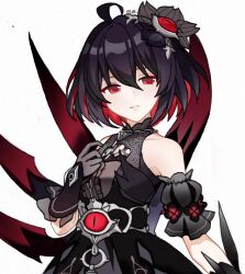 Rule 34 | 1girl, ashi (dongshi389), black flower, black gloves, black hair, colored inner hair, detached sleeves, flower, gloves, hair flower, hair ornament, highres, honkai (series), honkai impact 3rd, looking to the side, multicolored hair, parted lips, puffy detached sleeves, puffy short sleeves, puffy sleeves, red eyes, red hair, seele (alter ego), seele vollerei, seele vollerei (stygian nymph), short hair, short sleeves, solo, upper body, vambraces