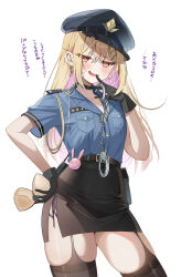 Rule 34 | 1girl, absurdres, black choker, black gloves, black hat, black skirt, black thighhighs, blonde hair, blue shirt, breast pocket, breasts, choker, collared shirt, commentary request, cowboy shot, cuffs, earrings, gloves, gyaru, hair ornament, hairclip, halloween, hand up, handcuffs, hat, highres, holding, holding handcuffs, jewelry, kogal, large breasts, long hair, looking at viewer, multicolored hair, open mouth, original, pink hair, piyopoyo, pocket, police, police hat, police uniform, policewoman, red eyes, shirt, shirt tucked in, short sleeves, simple background, skirt, smile, streaked hair, thighhighs, thighs, translation request, two-tone hair, uniform, white background