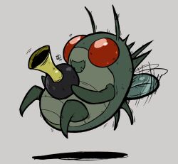 Rule 34 | antennae, bike horn, bug, chibi, drop shadow, fang, fangs, flying, full body, grey background, highres, hoarding bug (lethal company), holding, holding instrument, insect wings, instrument, jaq artz, lethal company, no humans, red eyes, simple background, smile, wings