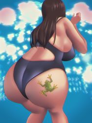 Rule 34 | 1girl, ass, bare shoulders, bent over, breasts, brown hair, frog, from behind, highres, huge ass, huge breasts, long hair, neri sachiko, one-piece swimsuit, original, solo, swimsuit