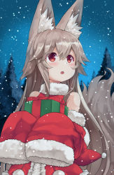 Rule 34 | 1girl, animal ears, bare shoulders, blush, box, fox ears, fox girl, fur trim, gift, gift box, holding, holding gift, light brown hair, long hair, long sleeves, looking to the side, night, noa (nagareboshi), open mouth, original, outdoors, red eyes, santa costume, sleeves past wrists, snow, snowing, solo, tree, upper body, winter