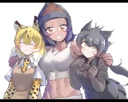 Rule 34 | 3girls, absurdres, animal ears, animal print, arm around shoulder, bare shoulders, beanie, black hair, black leopard (kemono friends), blonde hair, blush, bow, bowtie, closed eyes, closed mouth, collarbone, collared shirt, constricted pupils, dark-skinned female, dark skin, elbow gloves, extra ears, eyes visible through hair, fang, fang out, gloves, gm (ggommu), gorilla (kemono friends), hair between eyes, hand on another&#039;s shoulder, hands up, hat, height difference, highres, kemono friends, leopard (kemono friends), leopard ears, leopard print, letterboxed, long hair, medium hair, midriff, multicolored hair, multiple girls, necktie, orange eyes, pleated skirt, print gloves, print neckwear, shirt, short sleeves, side-by-side, simple background, skirt, smile, stomach, surprised, sweater vest, swept bangs, tank top, white background, white hair, wing collar, yellow eyes