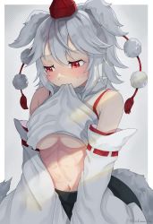 Rule 34 | 1girl, abs, animal ears, bare shoulders, blush, breasts, clothes lift, detached sleeves, ears down, furrowed brow, half-closed eyes, hat, highres, inubashiri momiji, kedama (ughugjydthjdf), lifted by self, looking down, medium breasts, medium hair, mouth hold, navel, no bra, parted bangs, pom pom (clothes), red eyes, shirt, shirt lift, solo, stomach, tail, tokin hat, toned, touhou, twitter username, underboob, upper body, white hair, white shirt, wolf ears, wolf girl, wolf tail